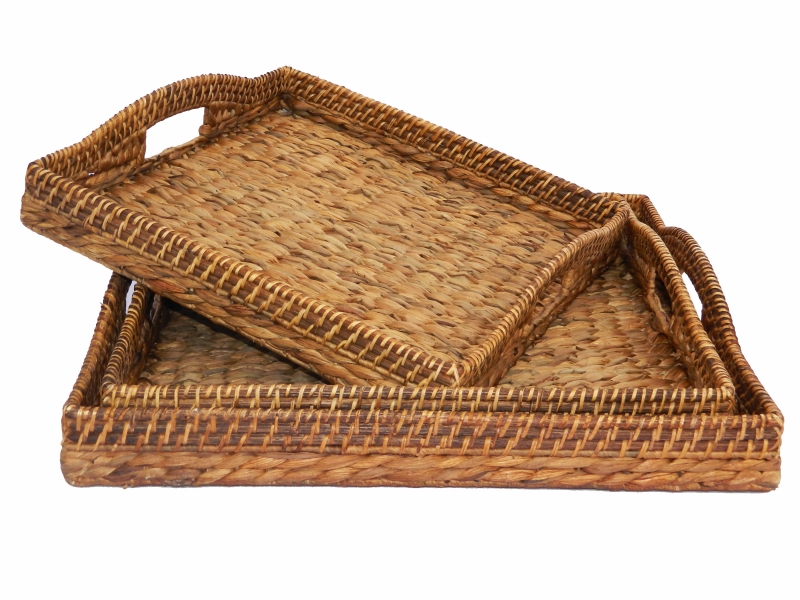 3pc square water hyacinth tray with rattan handles